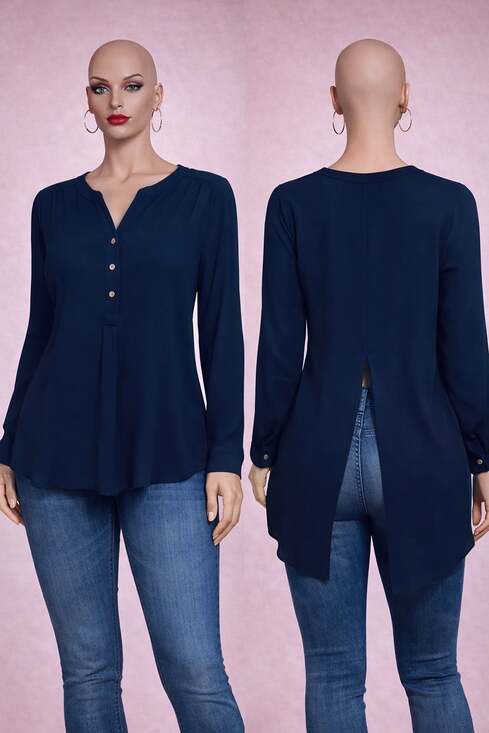Ashley Stewart Tops - Ashley Stewart Navy Split Back Blouse Size 12 Button Front Long Sleeve